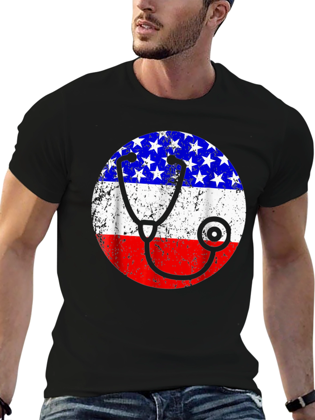 Patriotic Nurse/Doctor T-Shirt - American Flag Stethoscope Design
