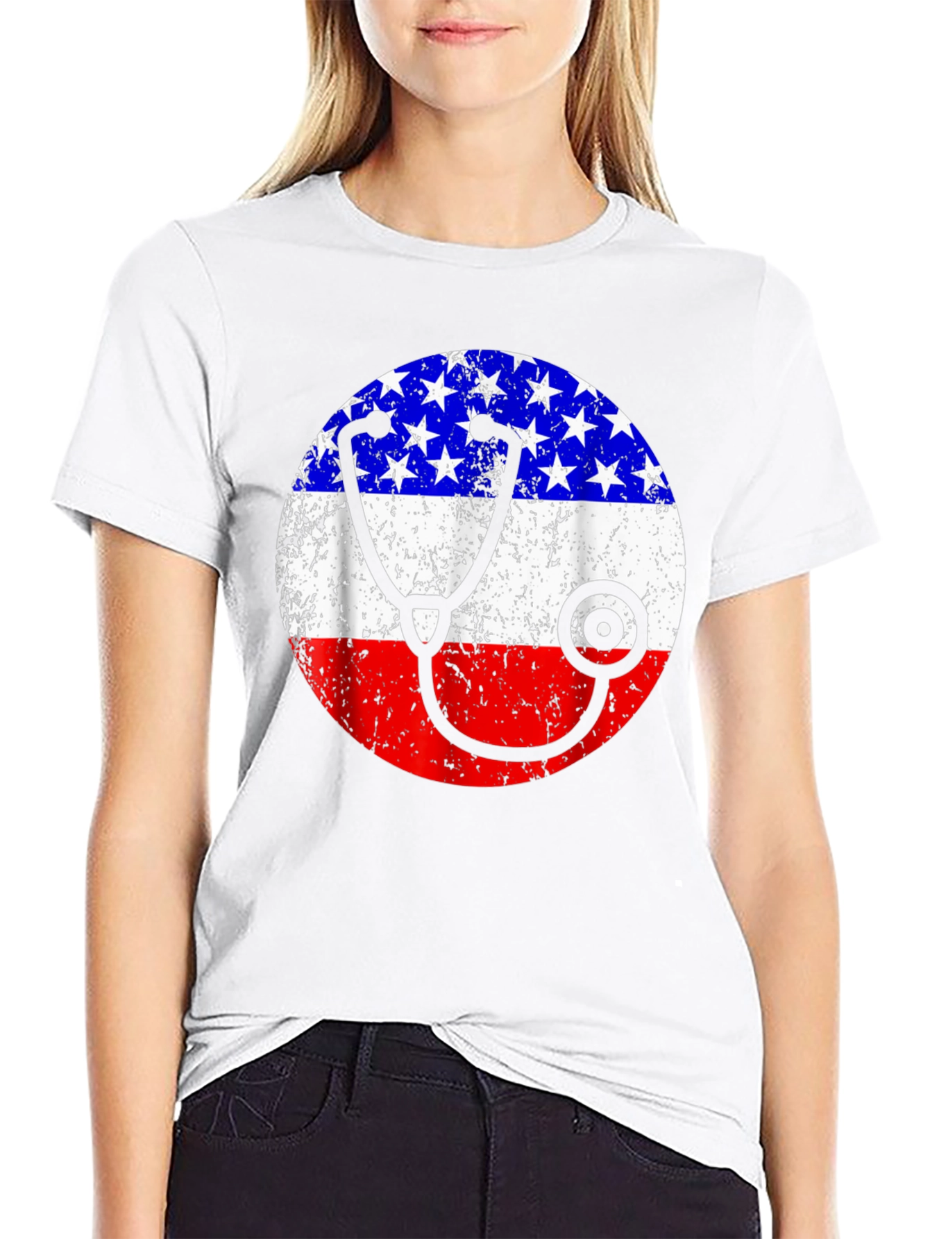 Patriotic Nurse/Doctor T-Shirt - American Flag Stethoscope Design