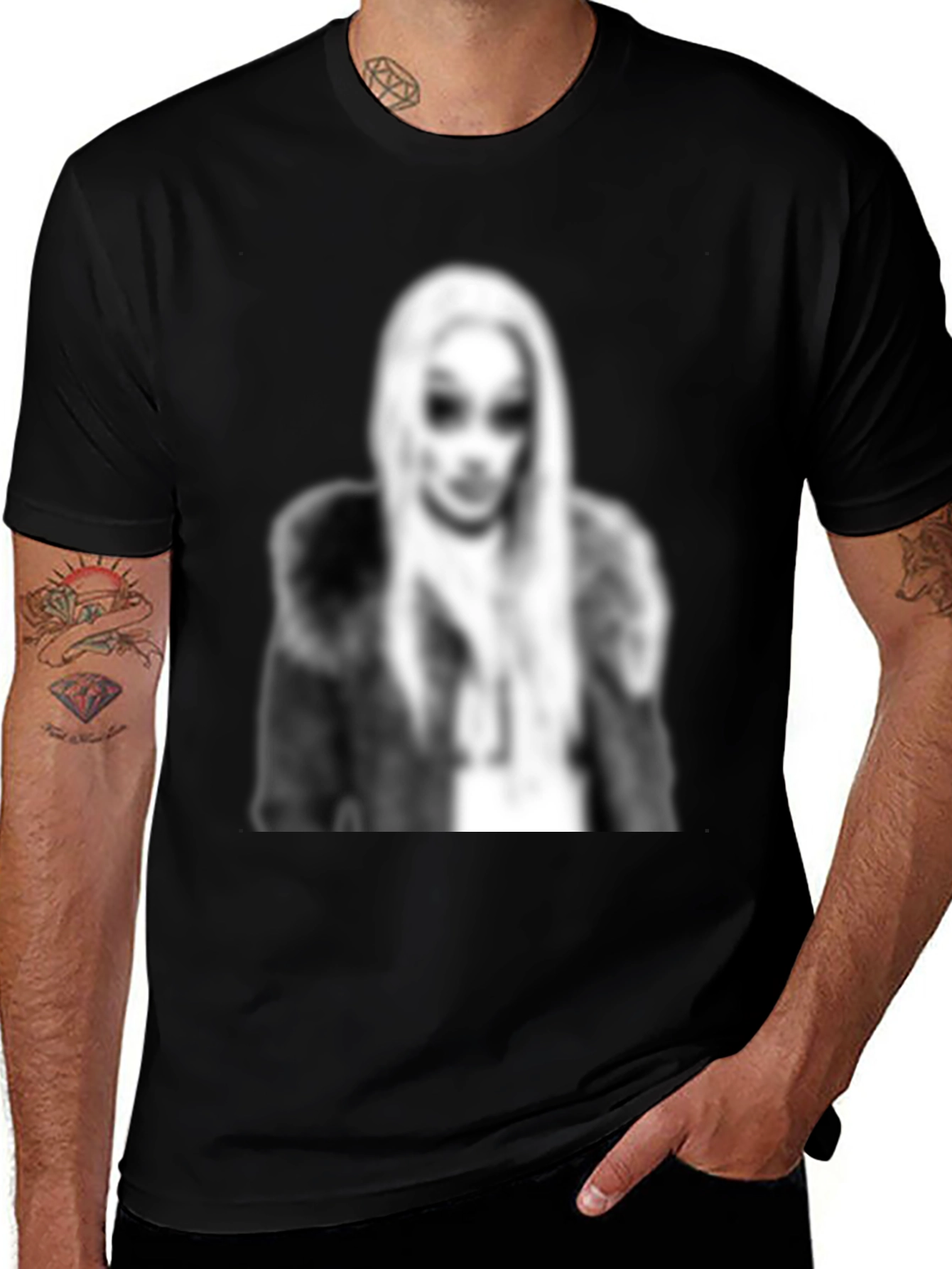 Black Graphic Tee - Woman with Fur Coat Print