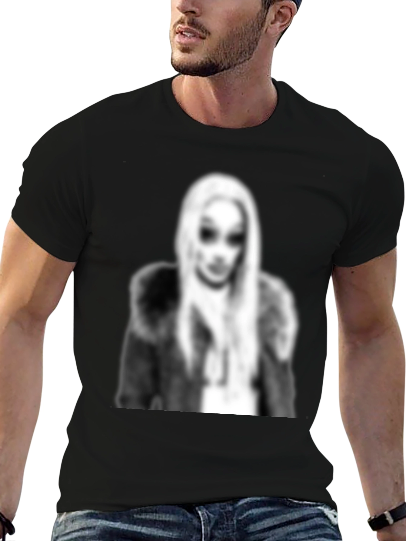 Black Graphic Tee - Woman with Fur Coat Print