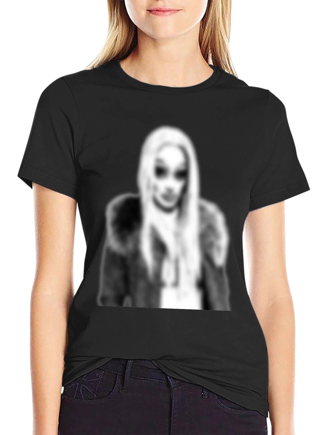 Black Graphic Tee - Woman with Fur Coat Print
