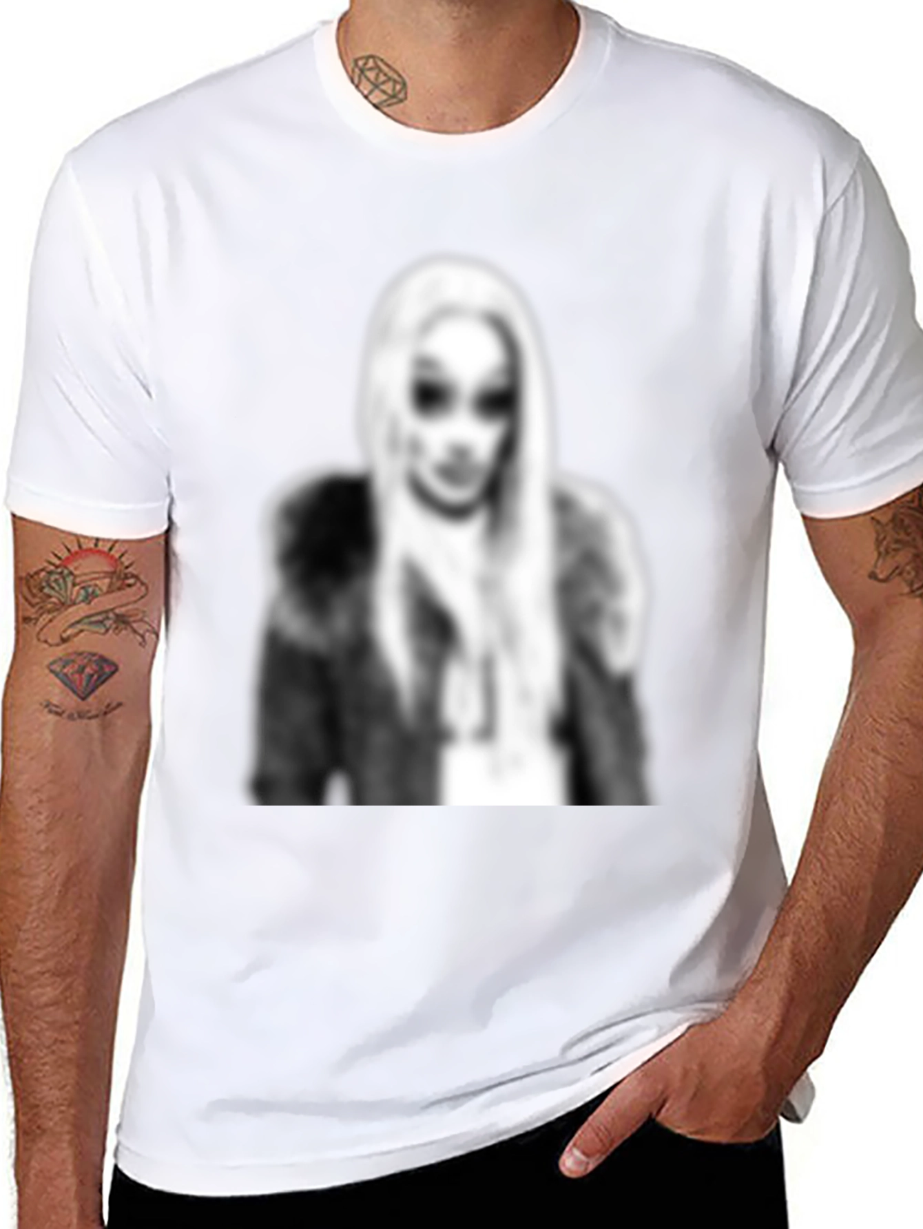 Black Graphic Tee - Woman with Fur Coat Print