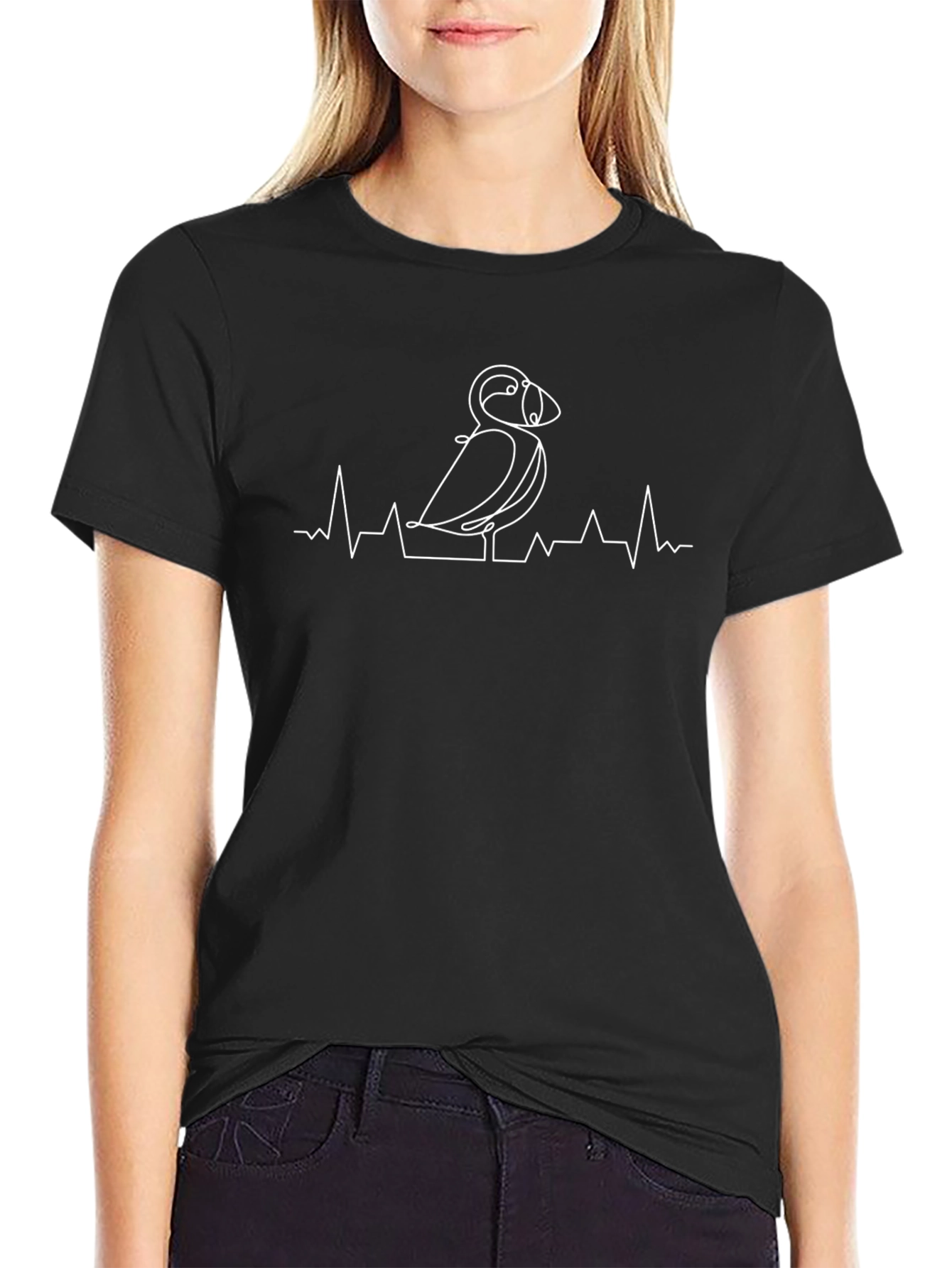 Puffin Heartbeat Line Art Black T-Shirt