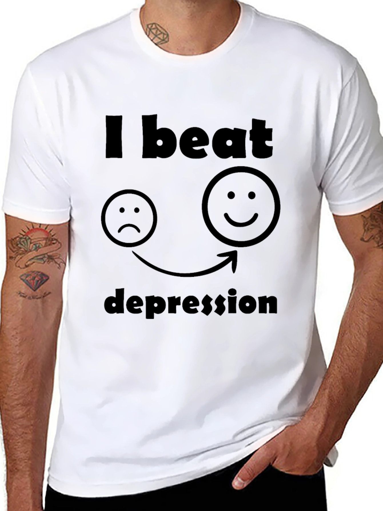 I Beat Depression T-Shirt - Black Graphic Tee