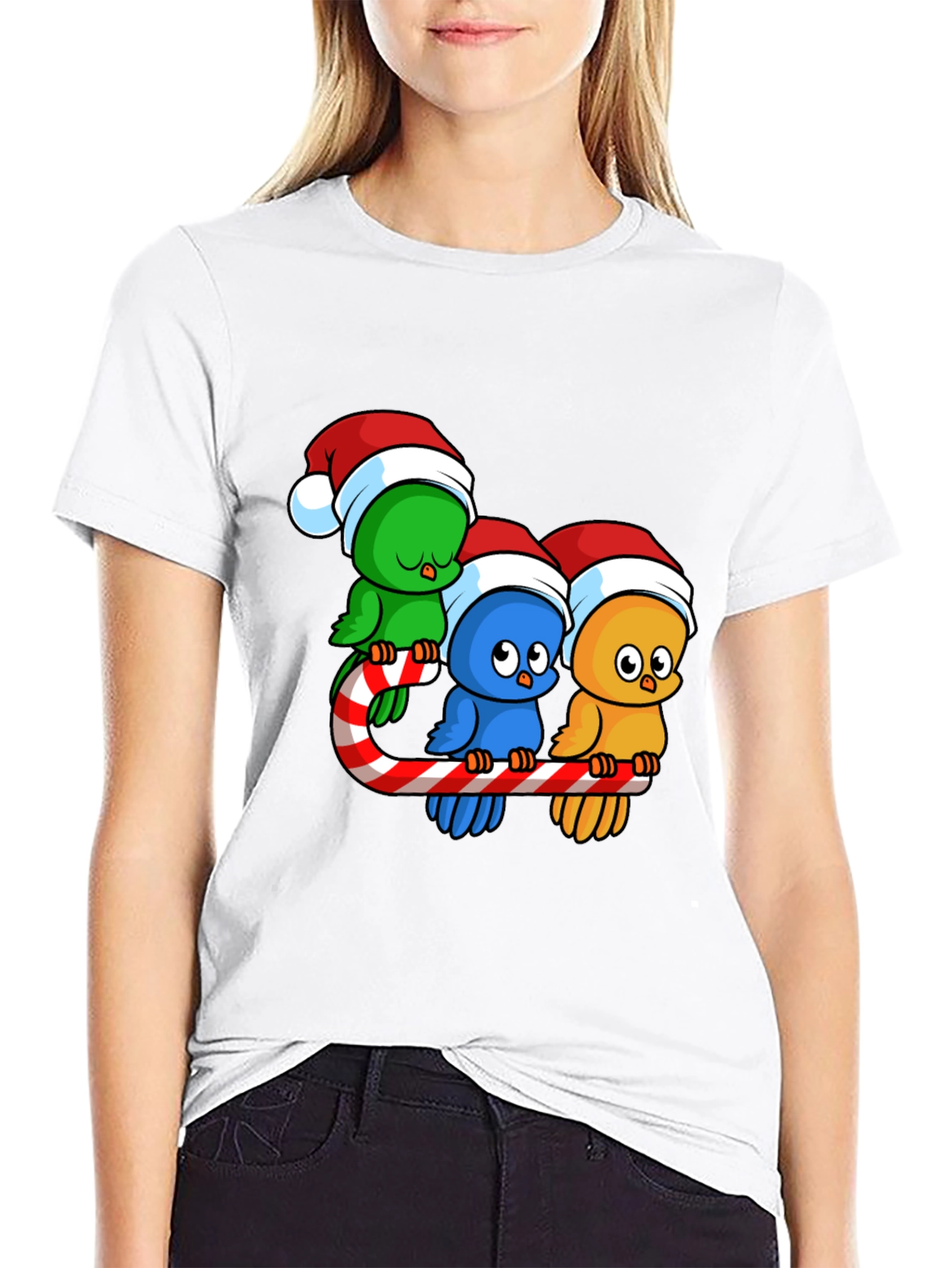 Festive Birds on Candy Cane Christmas T-Shirt