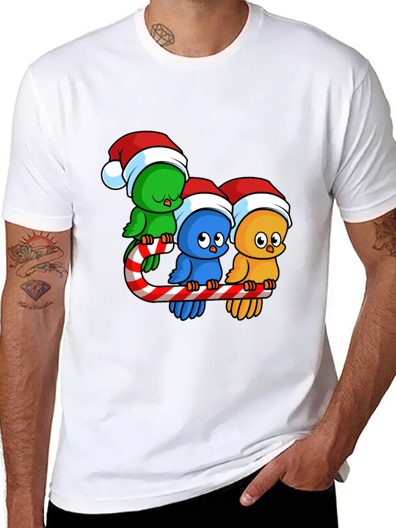 Festive Birds on Candy Cane Christmas T-Shirt