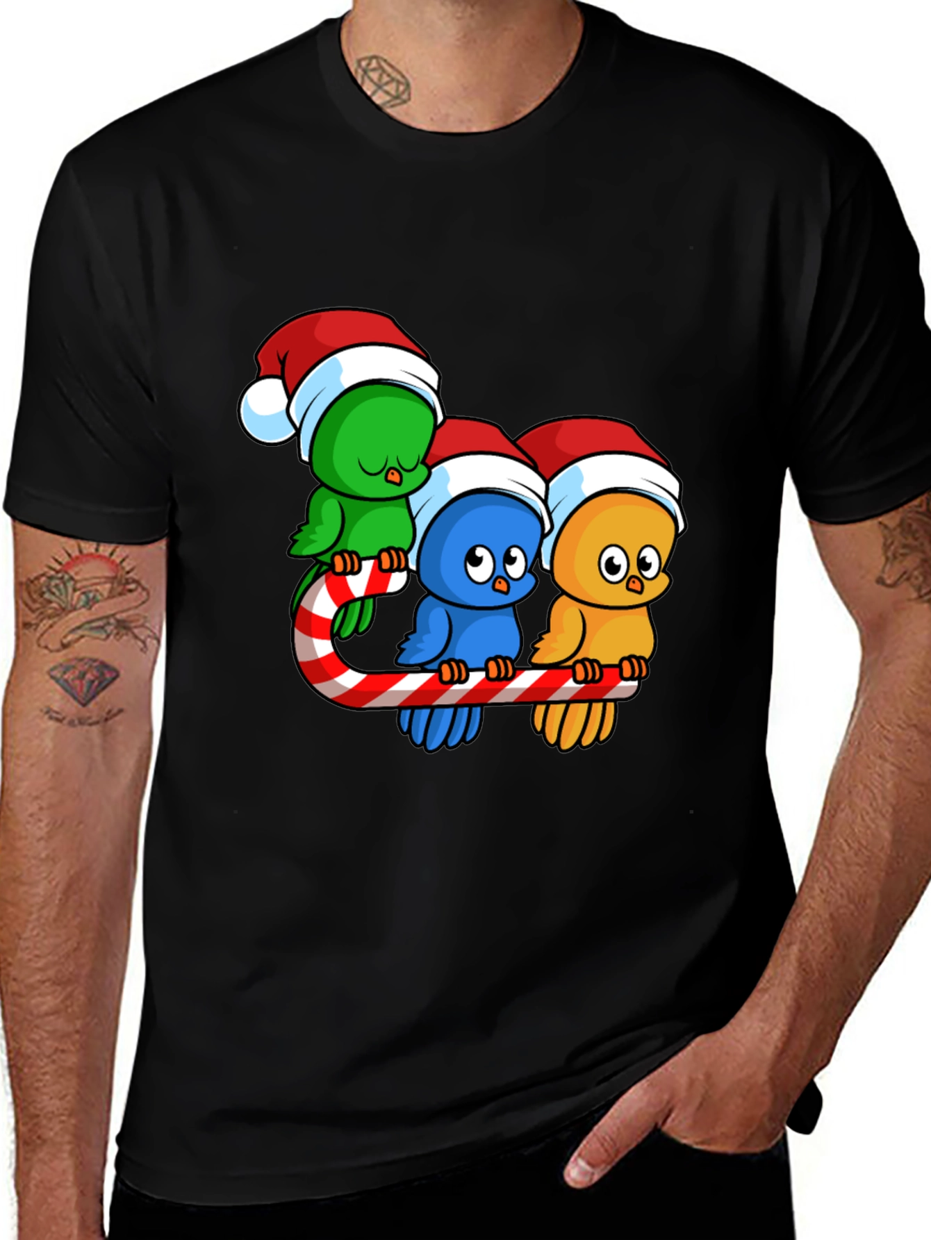 Festive Birds on Candy Cane Christmas T-Shirt