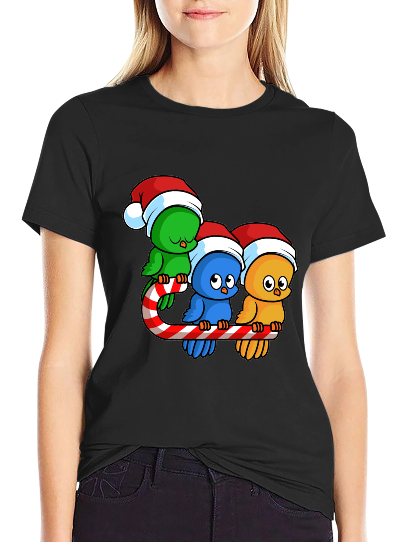 Festive Birds on Candy Cane Christmas T-Shirt
