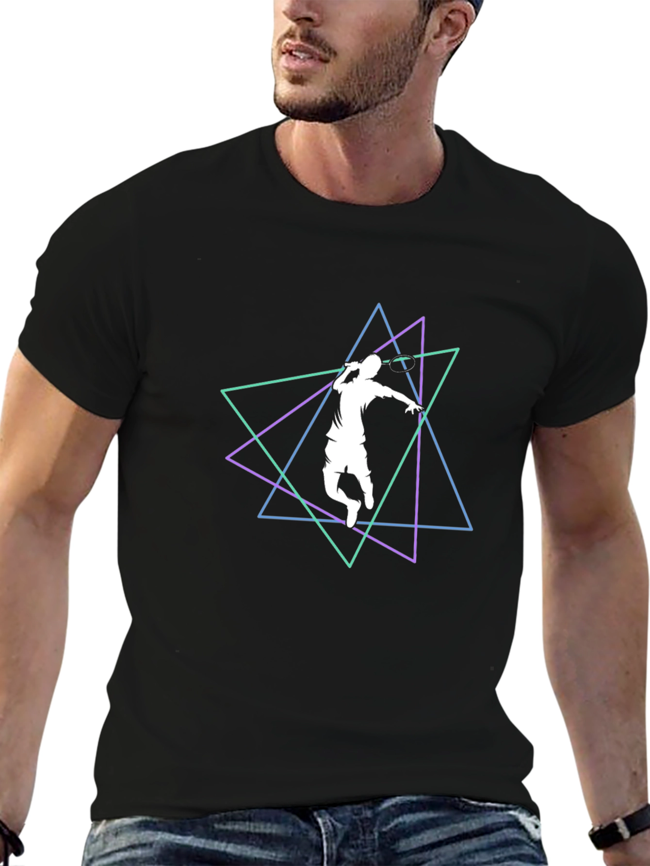 Geometric Badminton Player Black T-Shirt