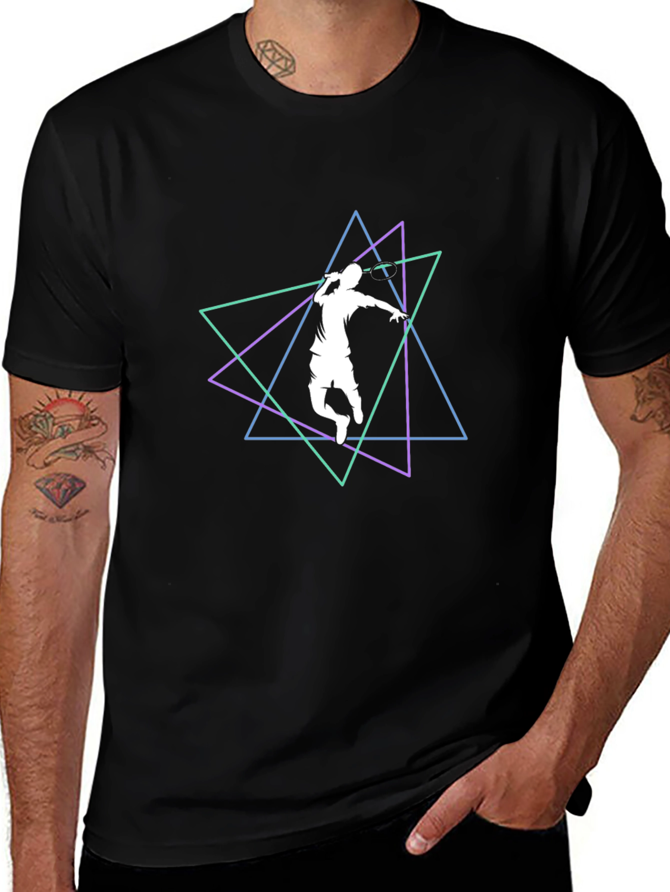 Geometric Badminton Player Black T-Shirt