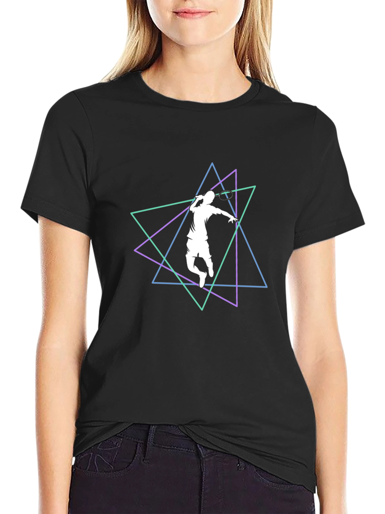 Geometric Badminton Player Black T-Shirt