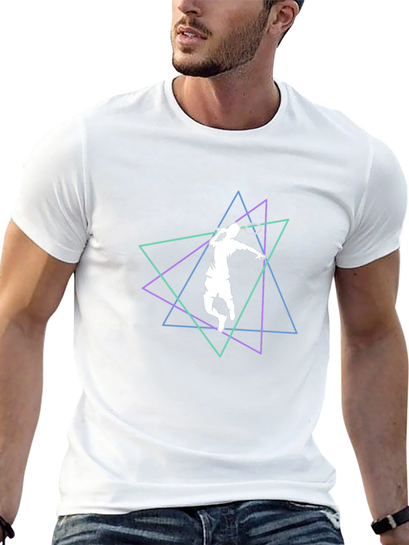 Geometric Badminton Player Black T-Shirt