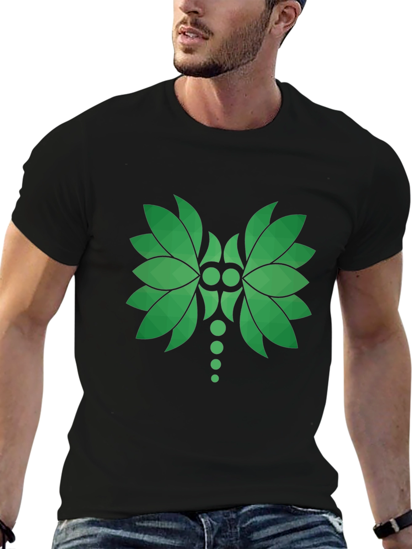 Green Leaf Geometric Graphic Black T-Shirt