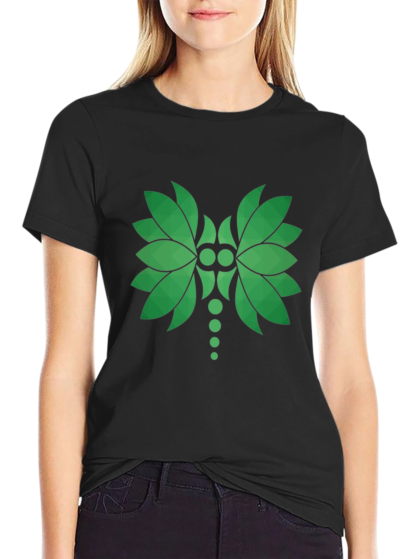 Green Leaf Geometric Graphic Black T-Shirt