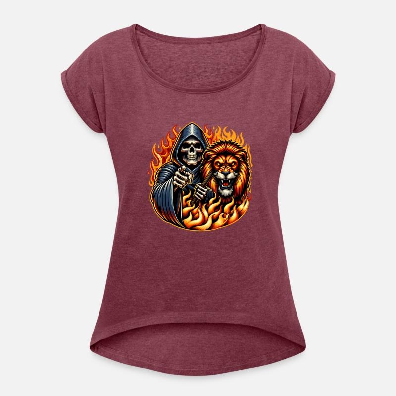 "Hooded Skeleton with Fierce Lion in Flames