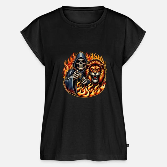 "Hooded Skeleton with Fierce Lion in Flames