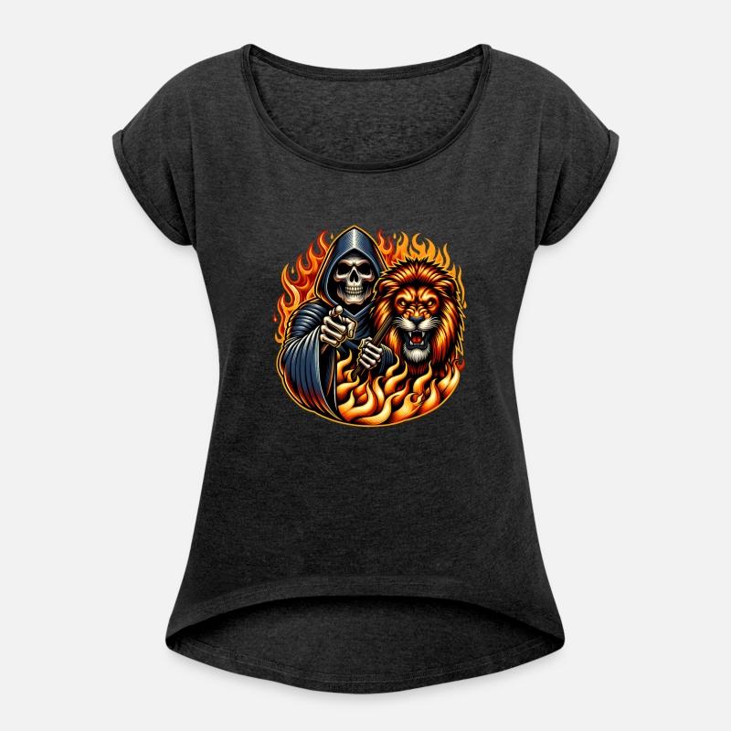 "Hooded Skeleton with Fierce Lion in Flames