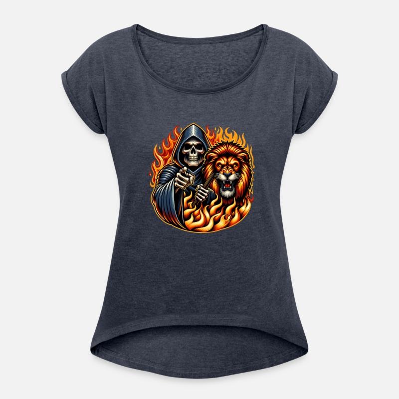 "Hooded Skeleton with Fierce Lion in Flames