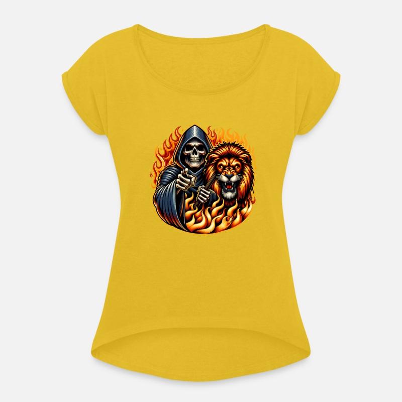 "Hooded Skeleton with Fierce Lion in Flames