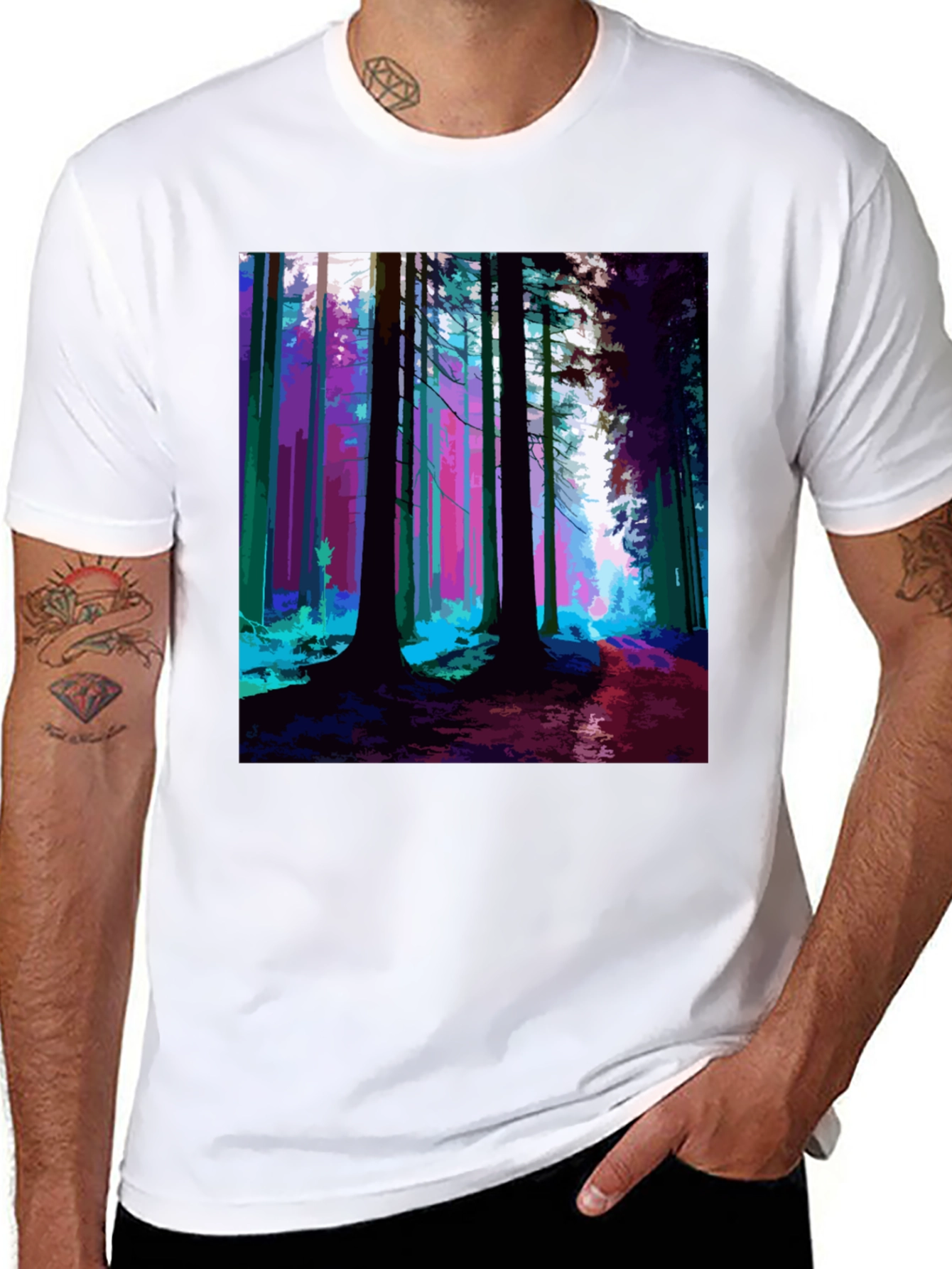 Vibrant Forest Print Black T-Shirt