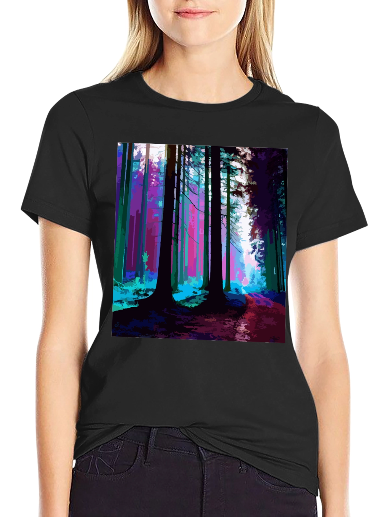 Vibrant Forest Print Black T-Shirt