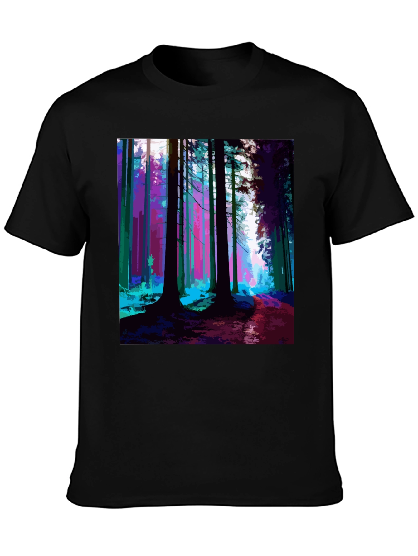 Vibrant Forest Print Black T-Shirt