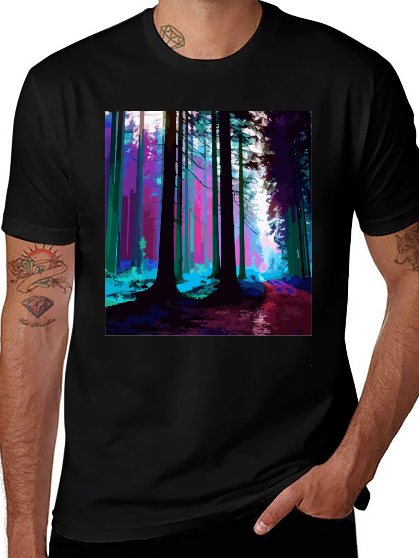 Vibrant Forest Print Black T-Shirt