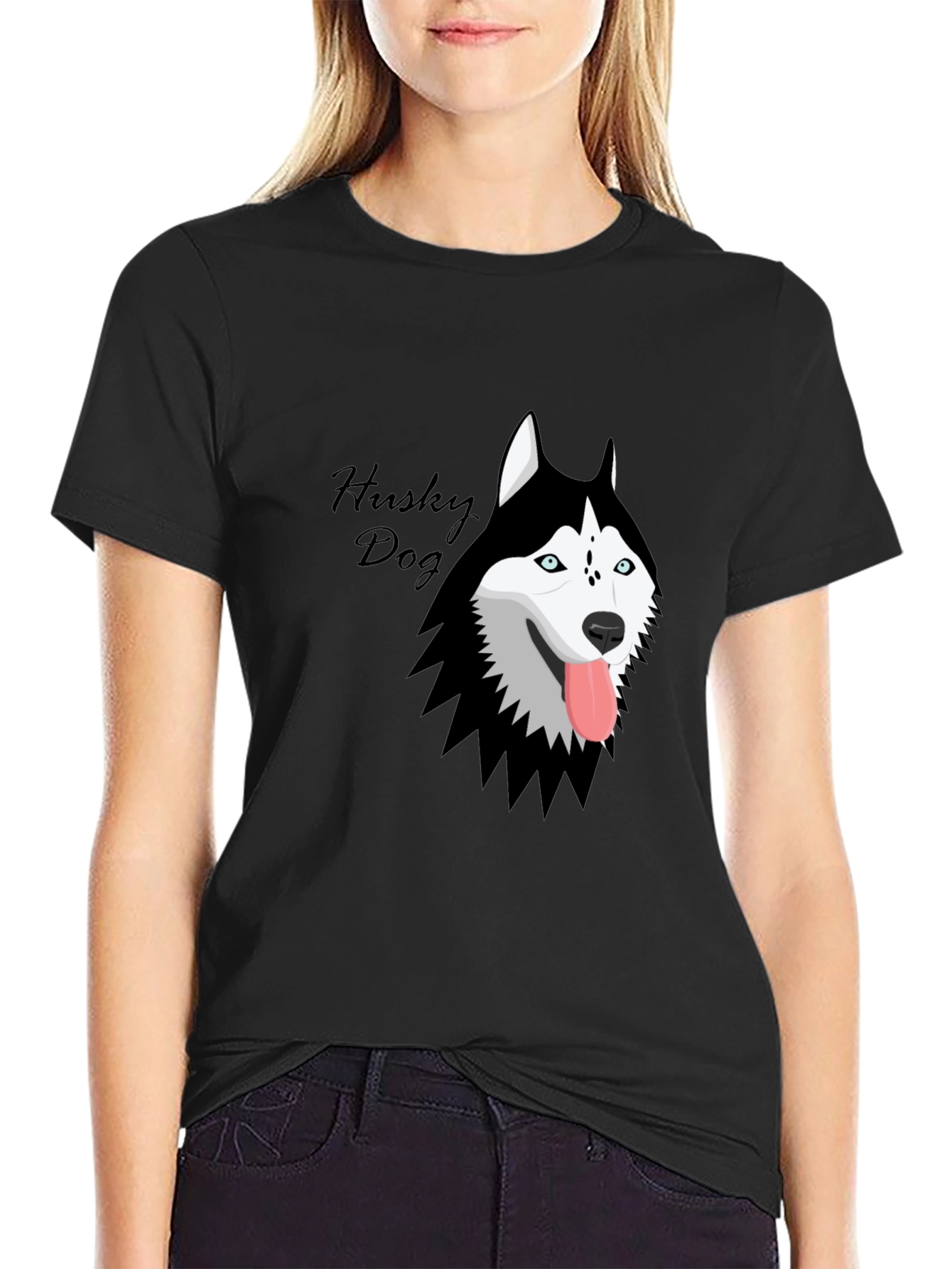 Husky Dog Graphic Print Black T-Shirt
