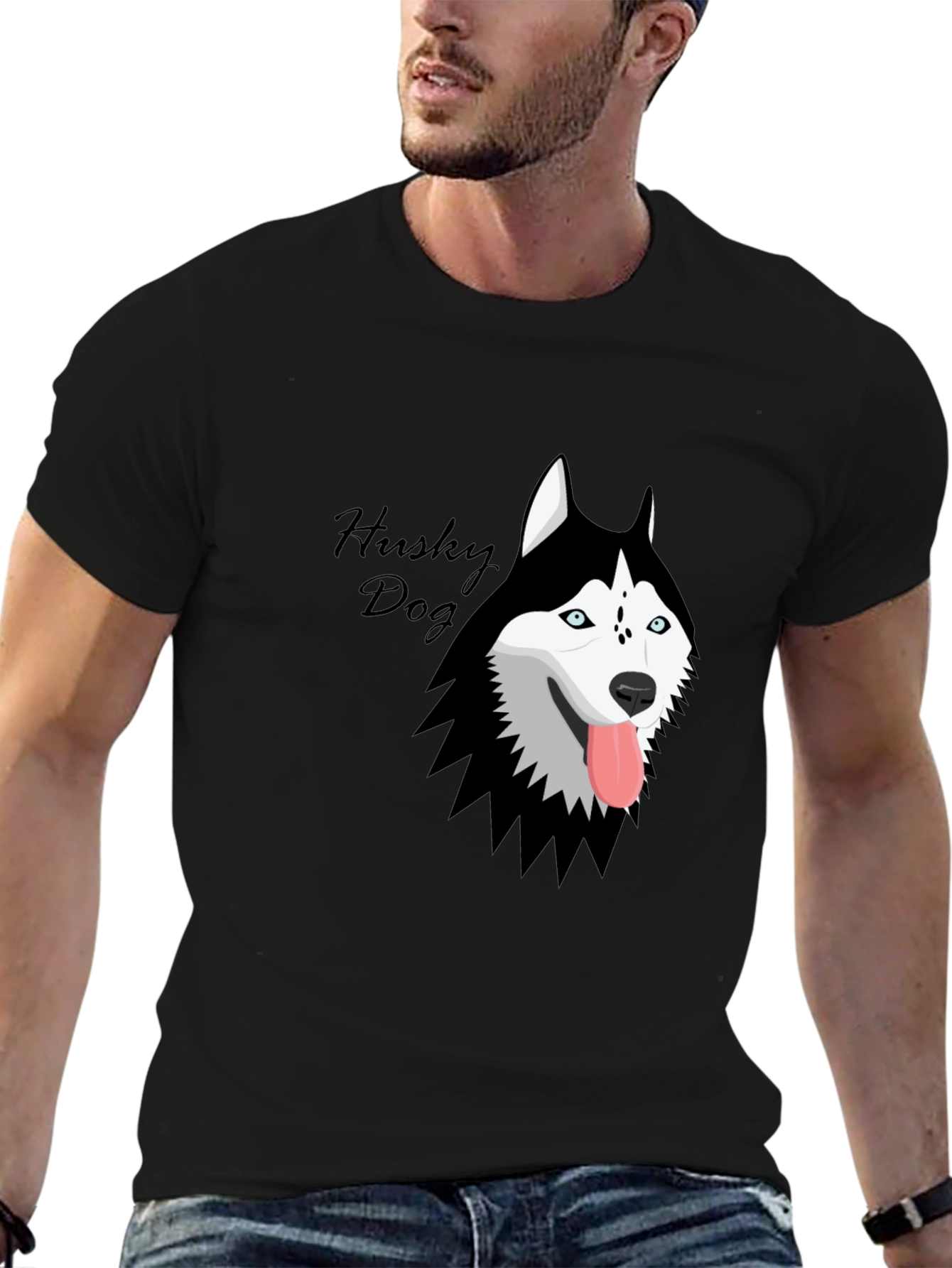 Husky Dog Graphic Print Black T-Shirt