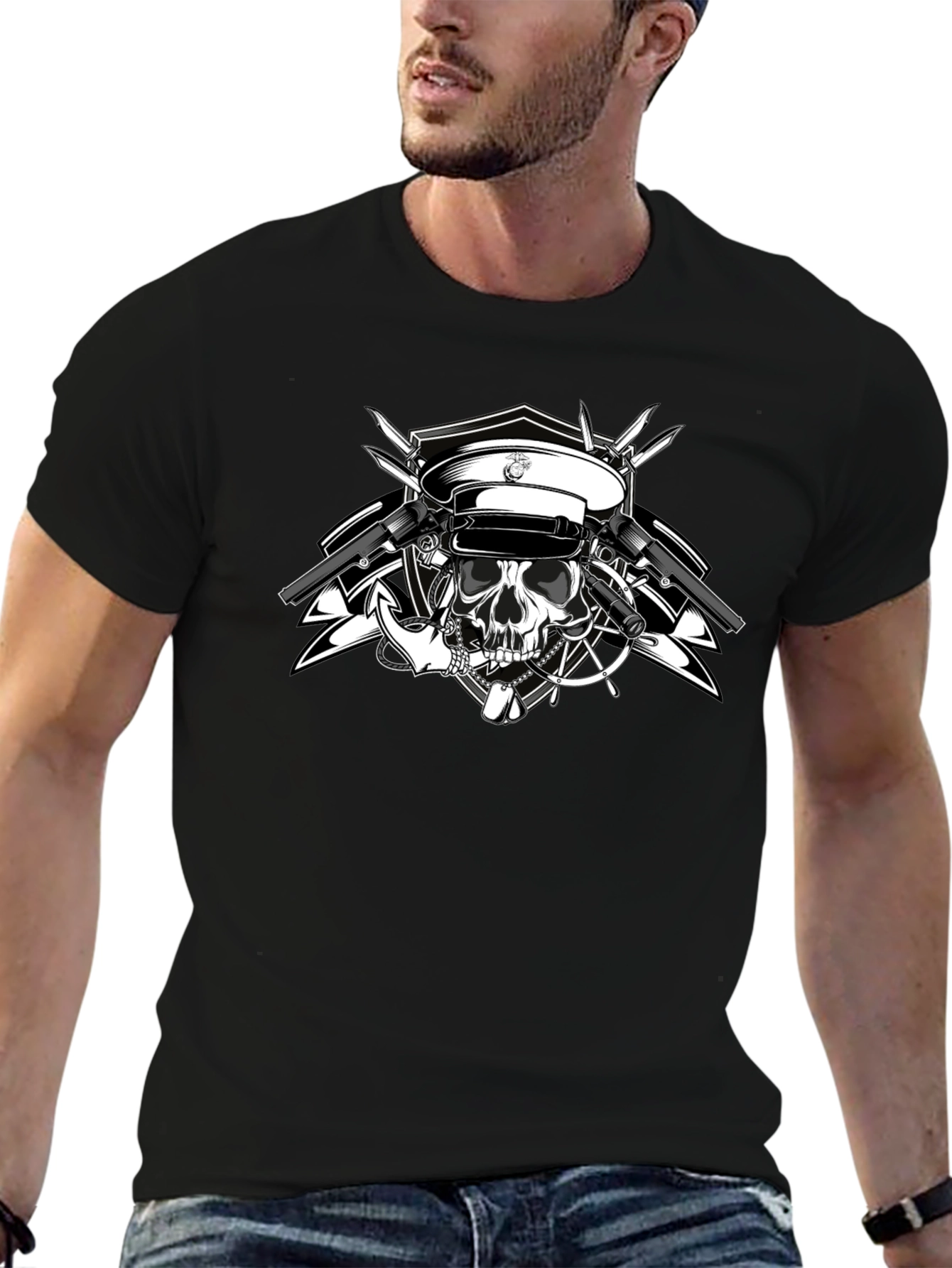 Skull & Guns Graphic Tee - Black Cotton