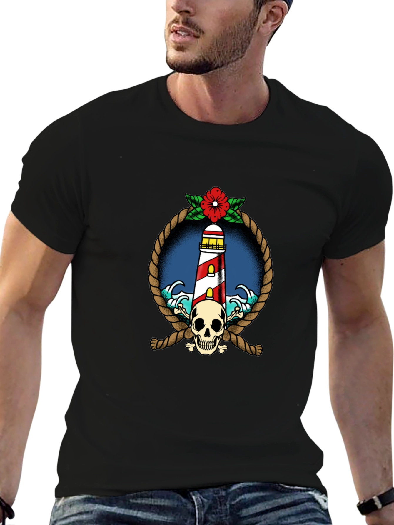 Nautical Lighthouse Skull Graphic Tee - Black
