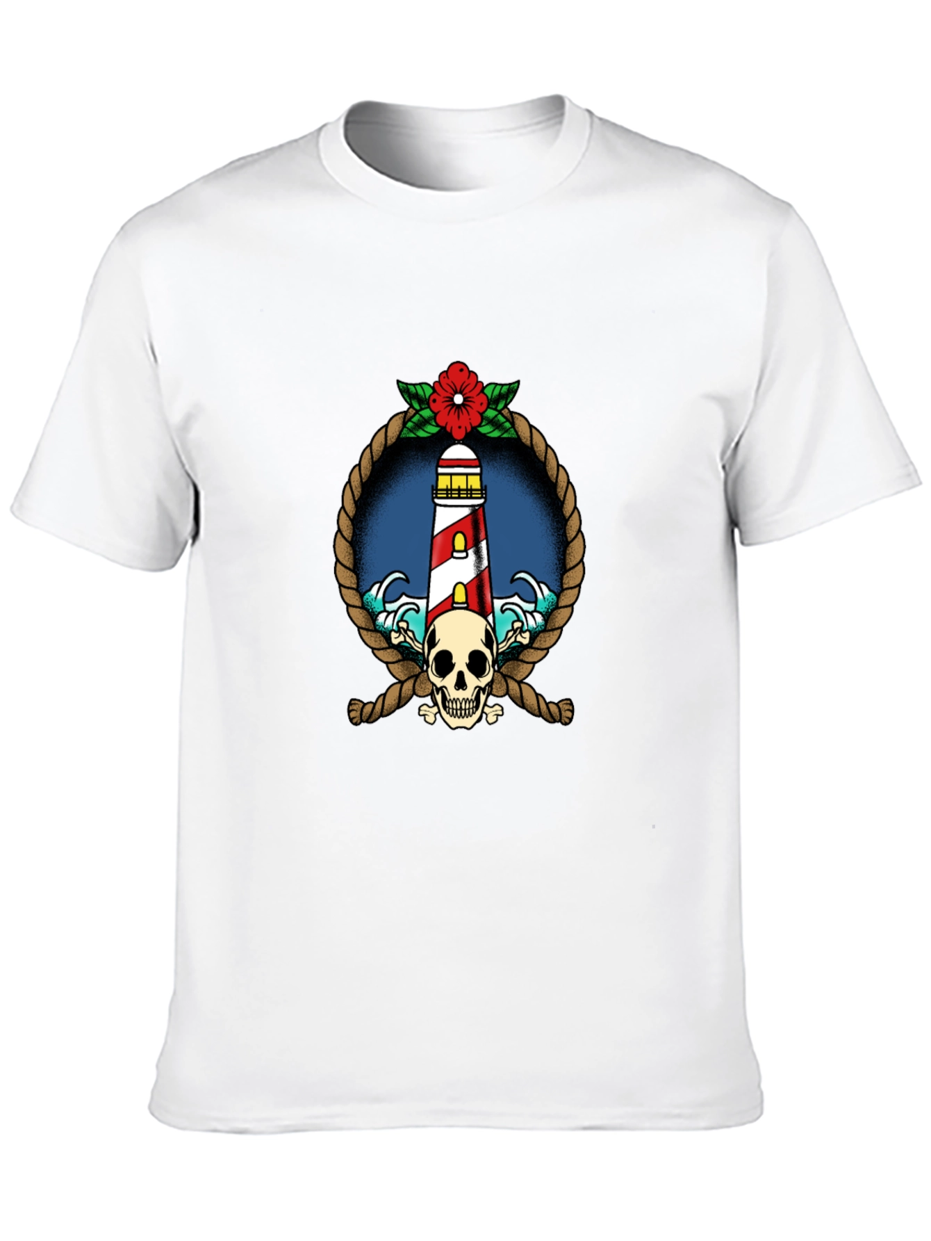Nautical Lighthouse Skull Graphic Tee - Black