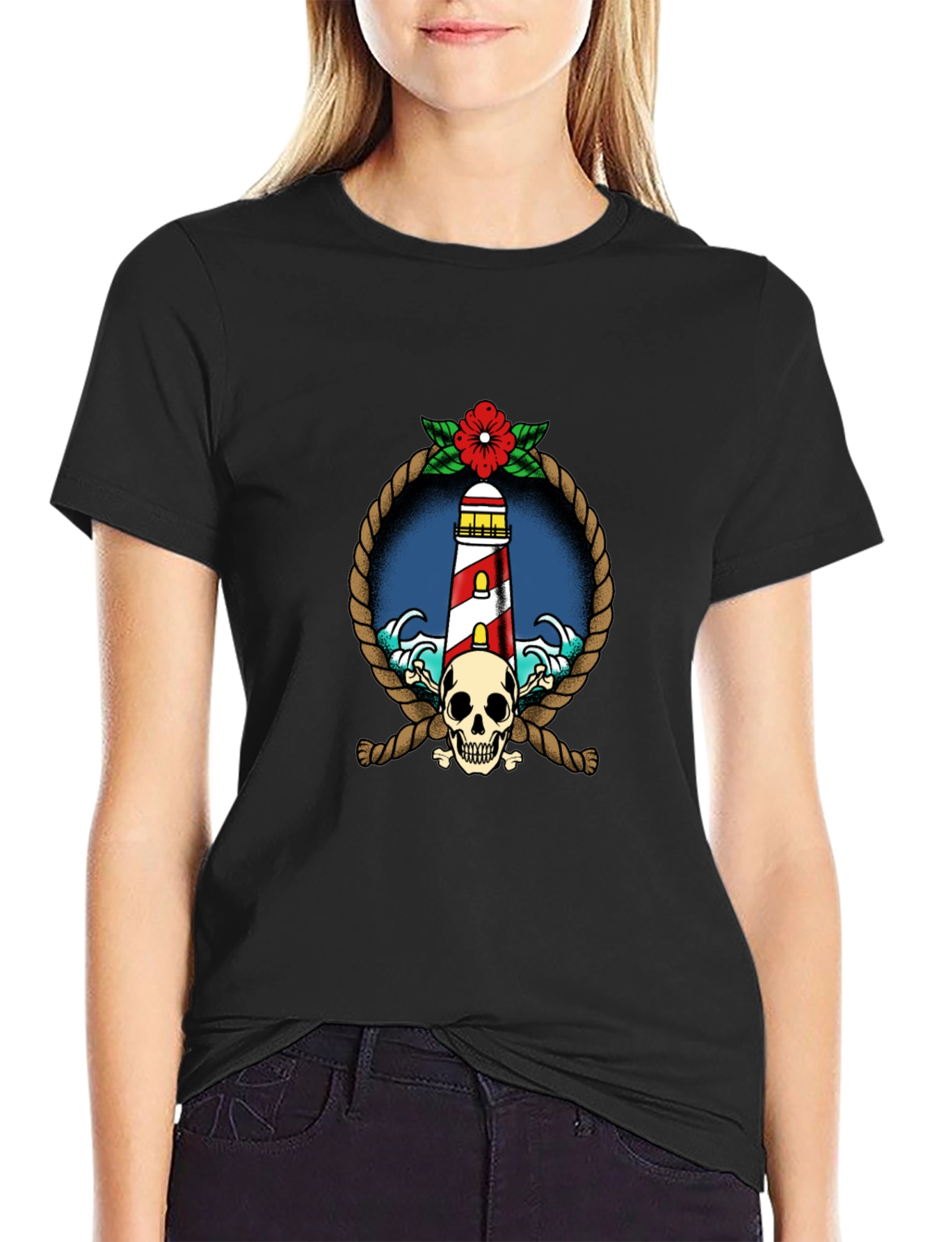 Nautical Lighthouse Skull Graphic Tee - Black