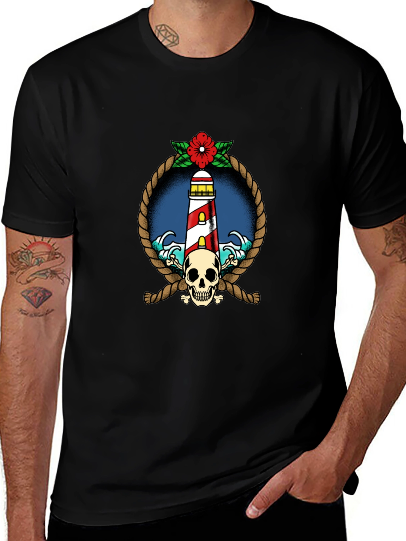 Nautical Lighthouse Skull Graphic Tee - Black