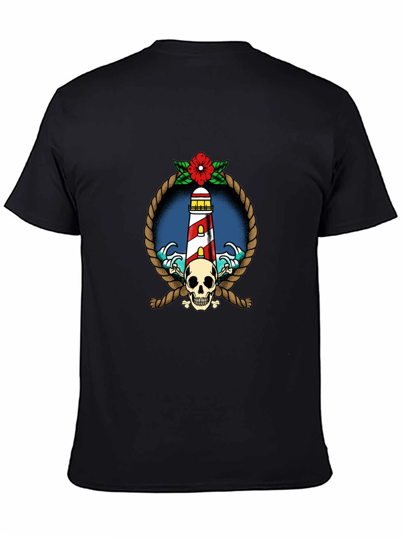 Nautical Lighthouse Skull Graphic Tee - Black