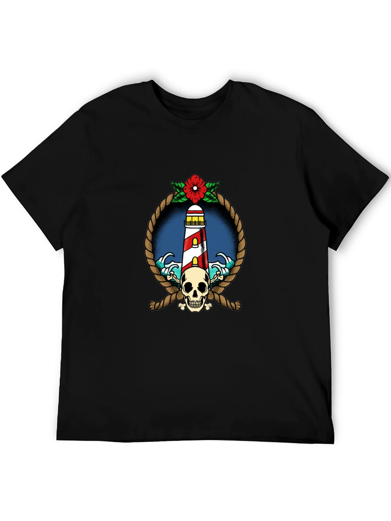 Nautical Lighthouse Skull Graphic Tee - Black