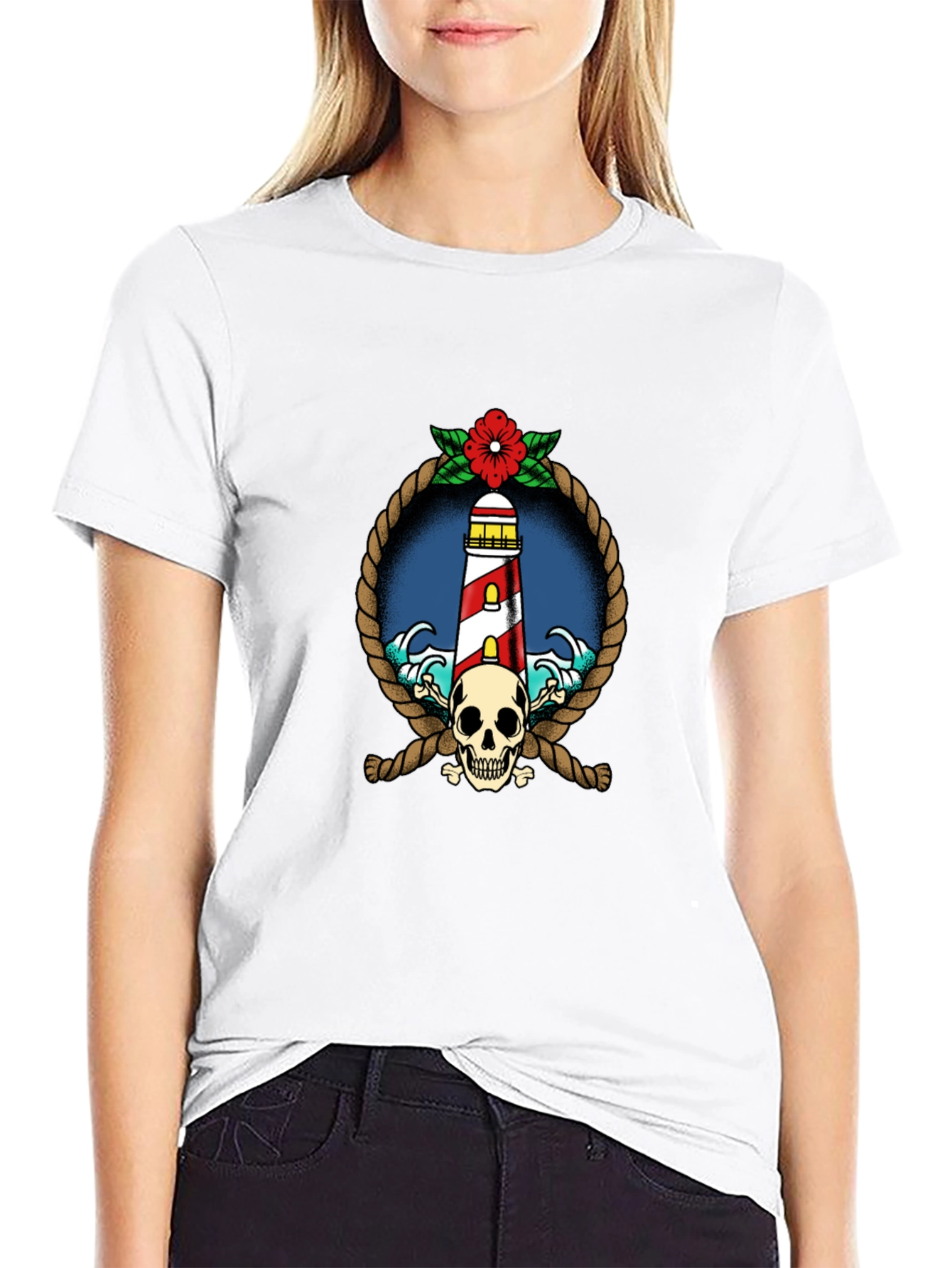 Nautical Lighthouse Skull Graphic Tee - Black