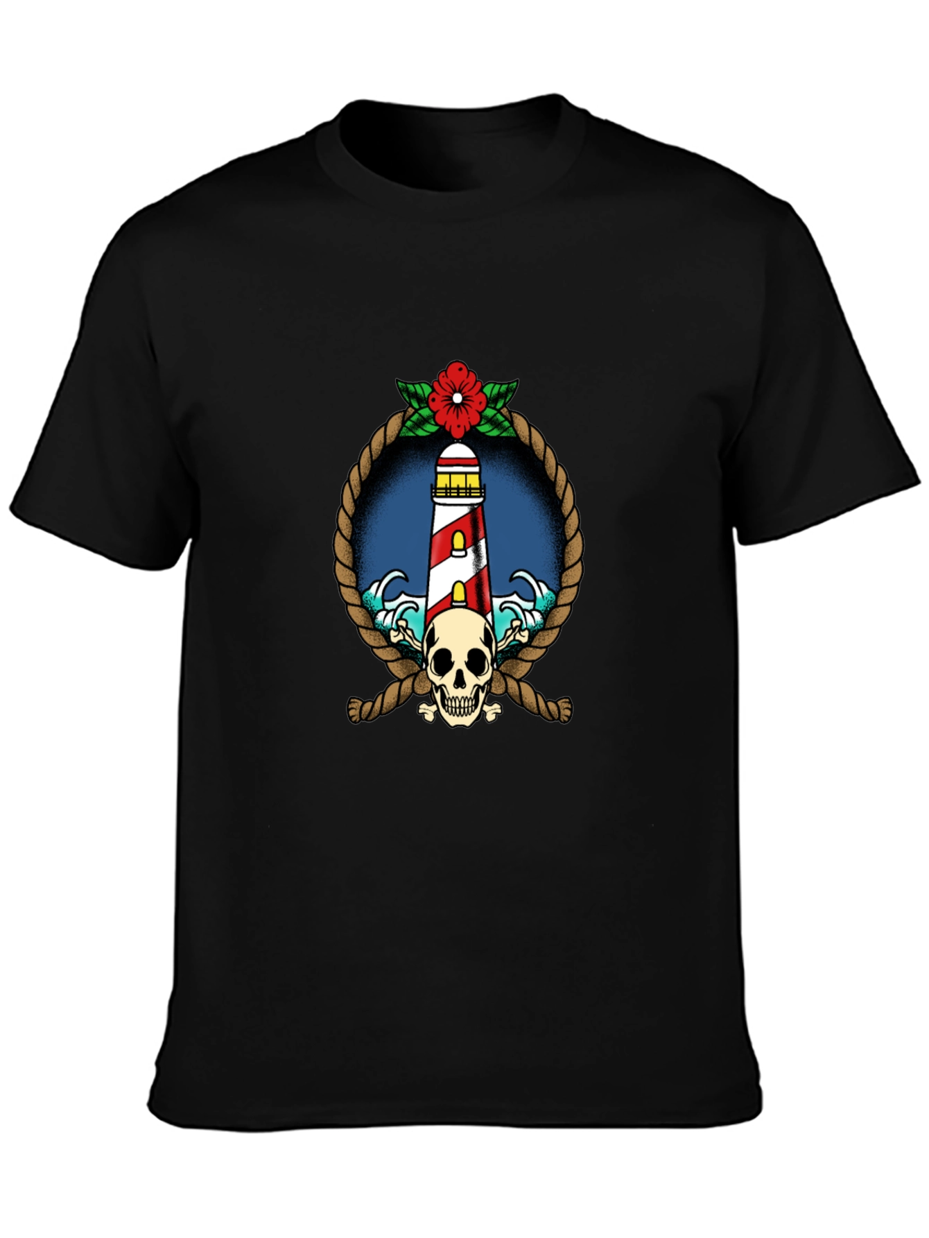 Nautical Lighthouse Skull Graphic Tee - Black