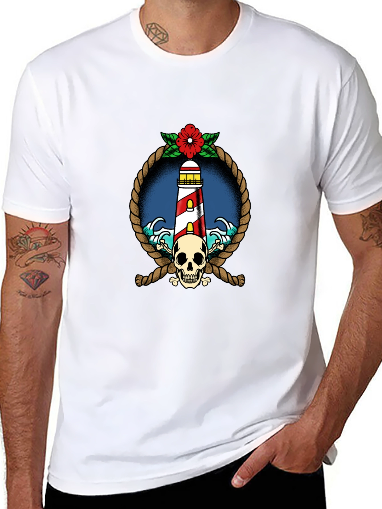 Nautical Lighthouse Skull Graphic Tee - Black