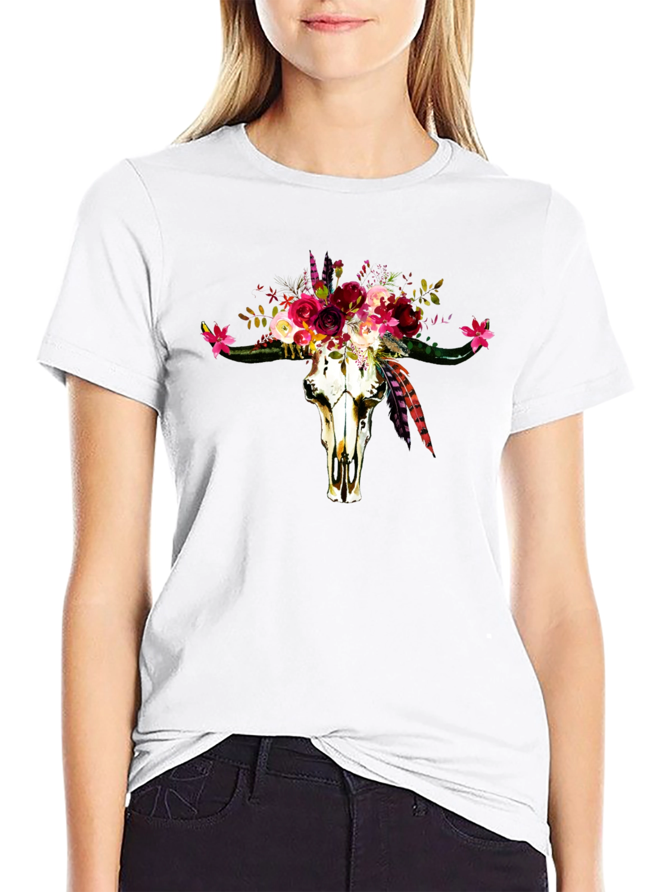 Floral Bull Skull Graphic Tee - Western Style