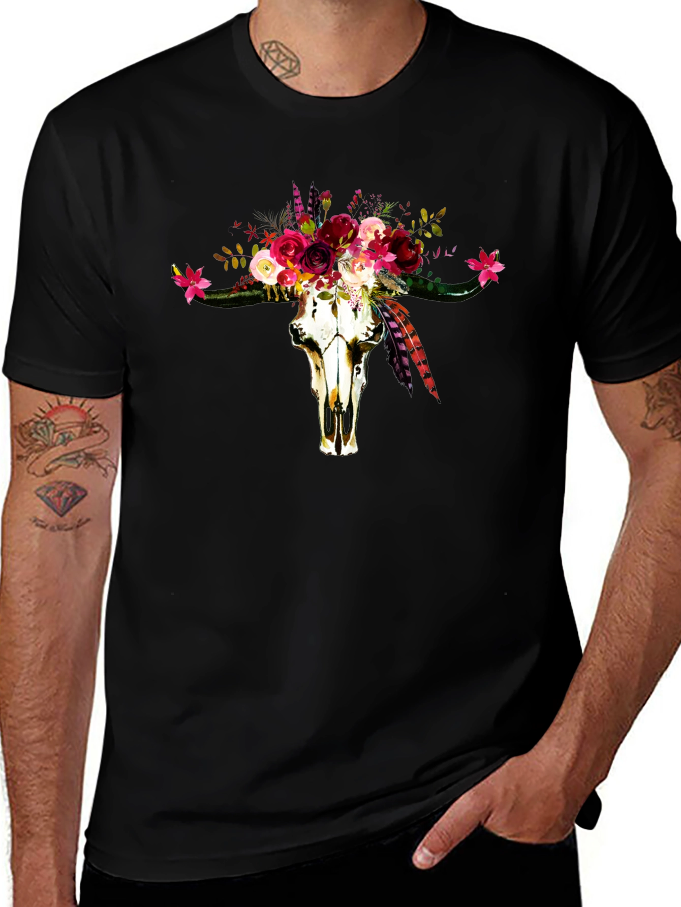 Floral Bull Skull Graphic Tee - Western Style