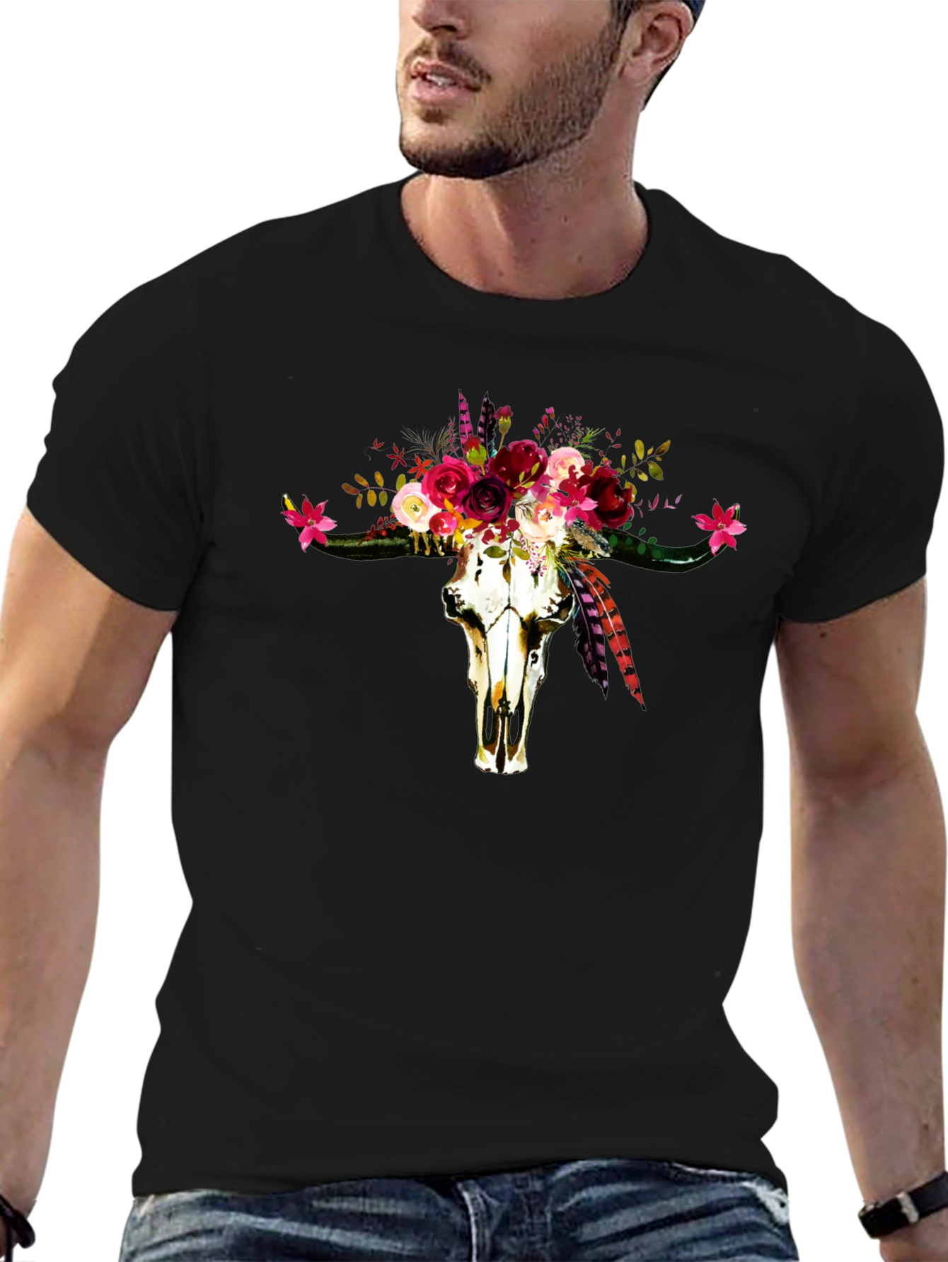 Floral Bull Skull Graphic Tee - Western Style