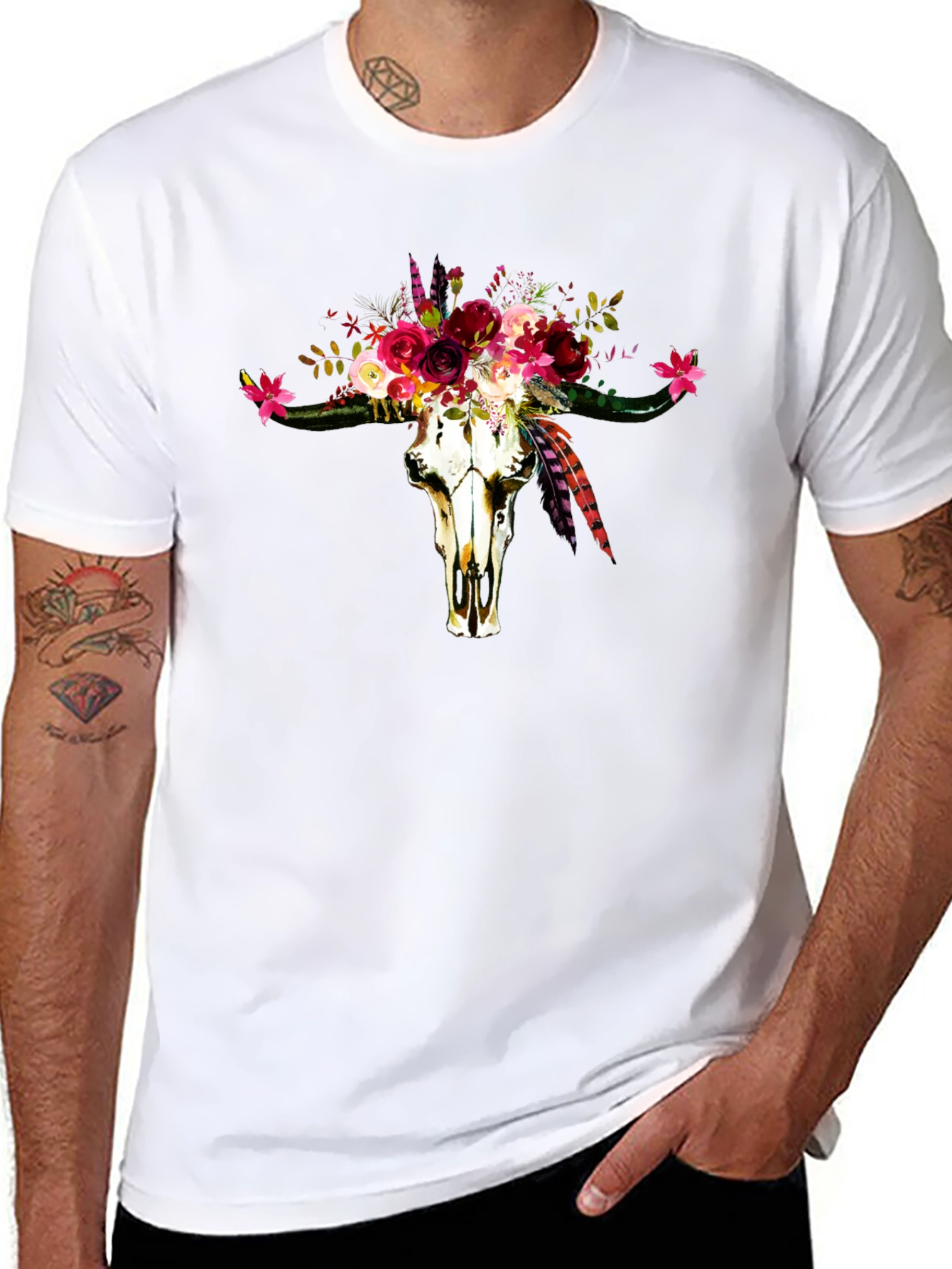 Floral Bull Skull Graphic Tee - Western Style