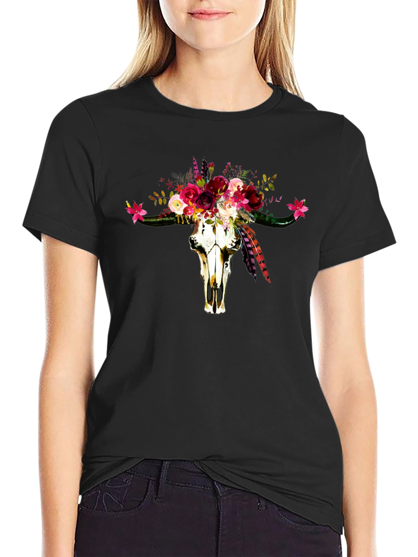 Floral Bull Skull Graphic Tee - Western Style
