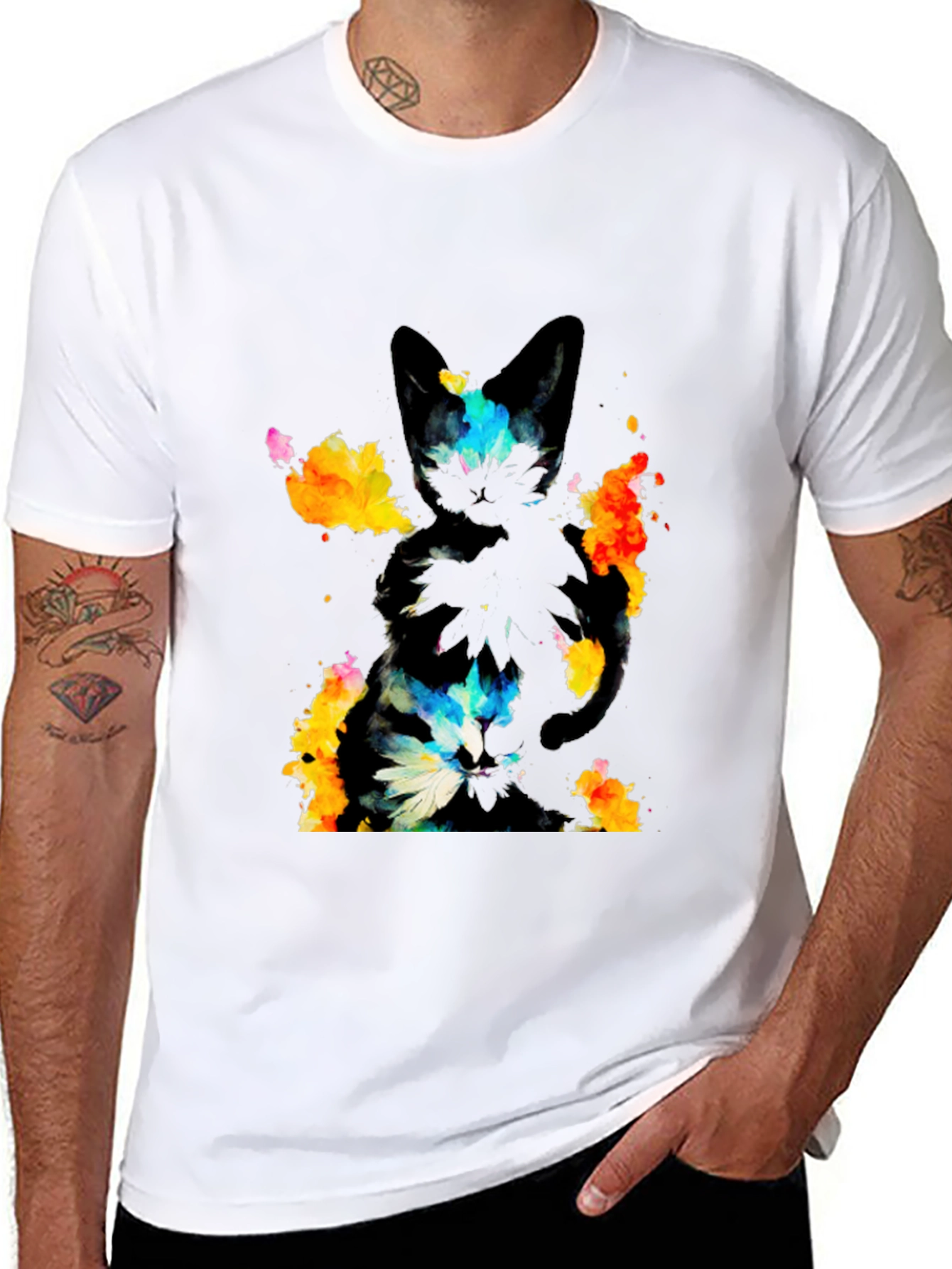 Abstract Cat Graphic Black T-Shirt