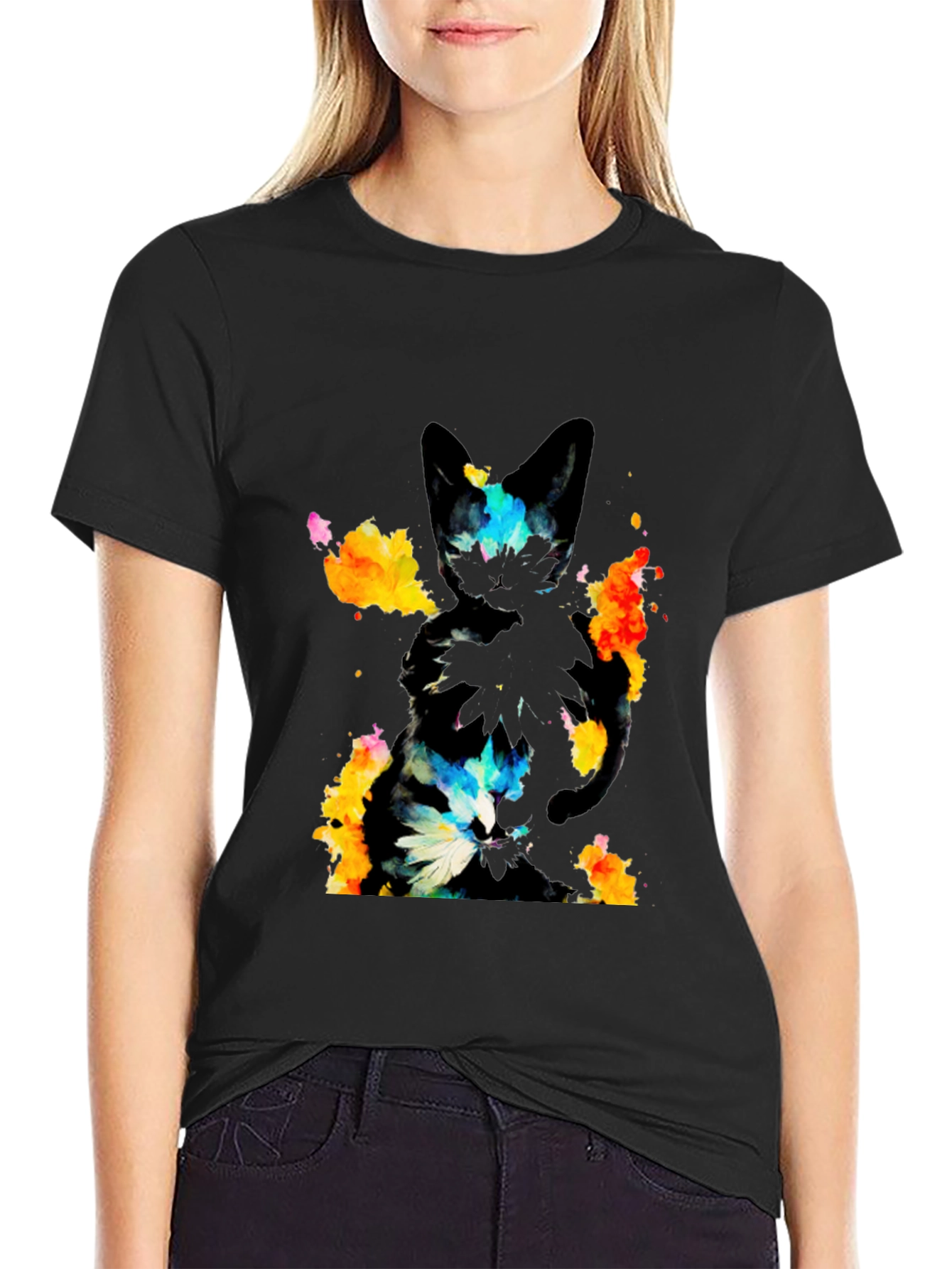 Abstract Cat Graphic Black T-Shirt