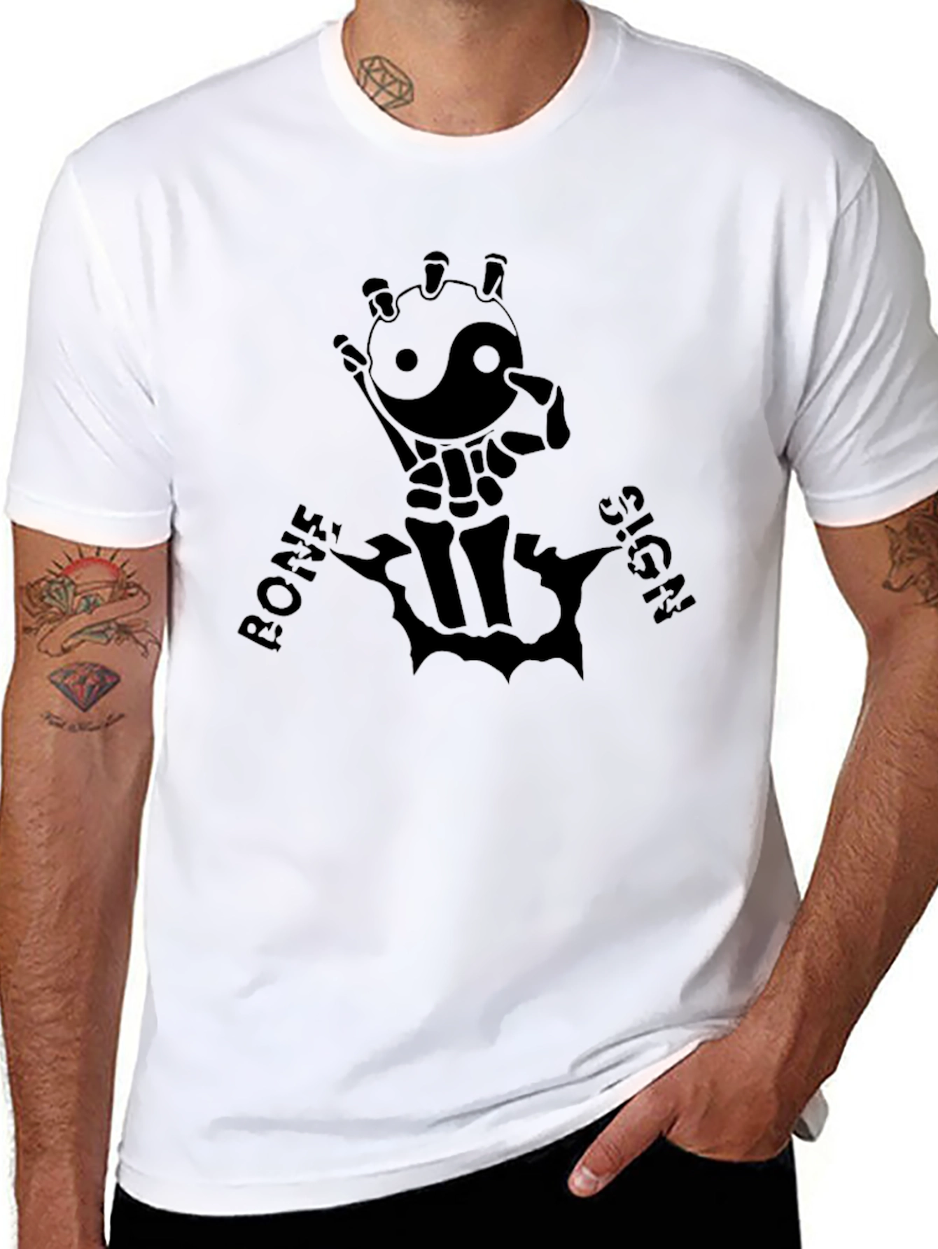 Yin Yang Skeleton Hand Graphic Tee - Black