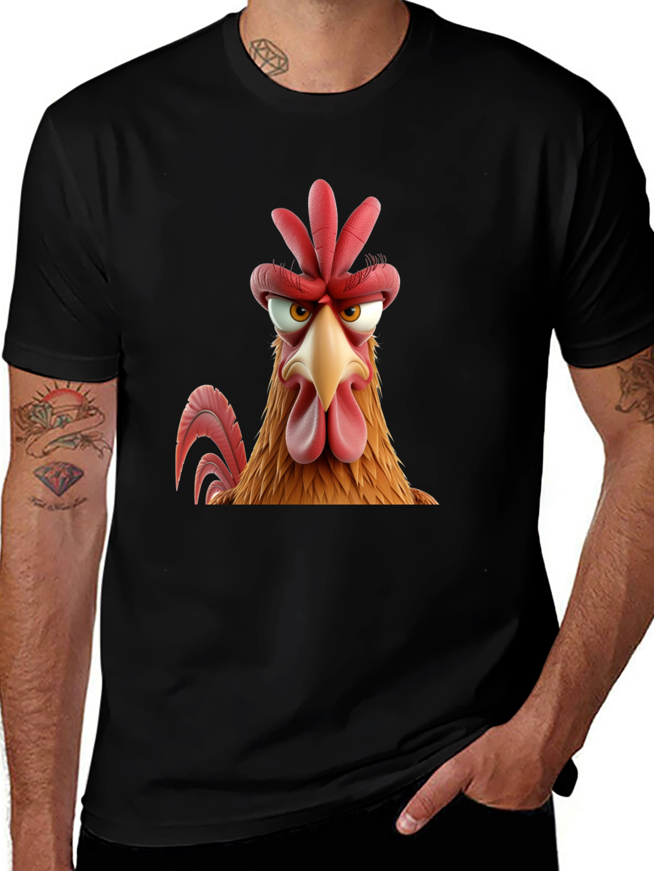 Angry Chicken Cartoon Graphic Print Black T-Shirt