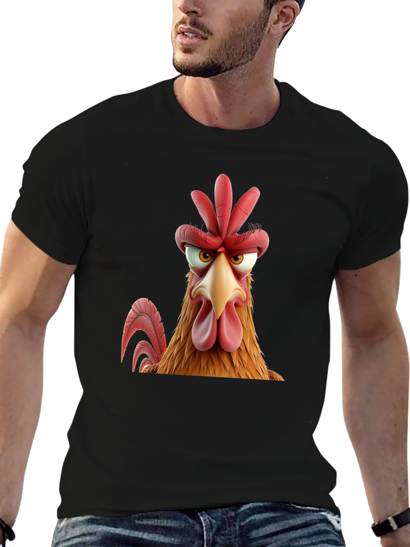 Angry Chicken Cartoon Graphic Print Black T-Shirt