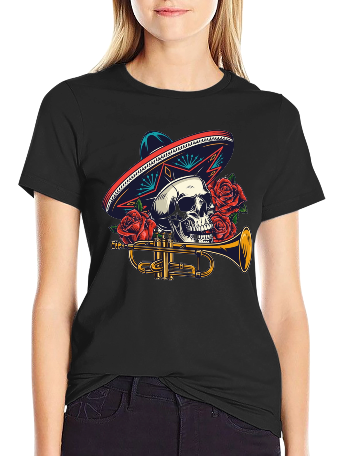 Skull Sombrero Trumpet Graphic Tee